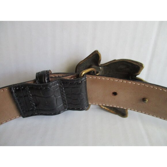 *Talbots Black Leather Croc Belt Patent Embossed Leaf Punch Buckle - Picture 5 of 7